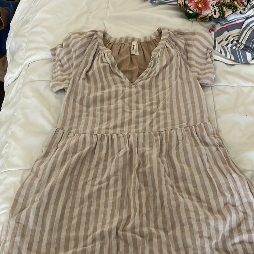Pact Beige and White Striped Midi Dress